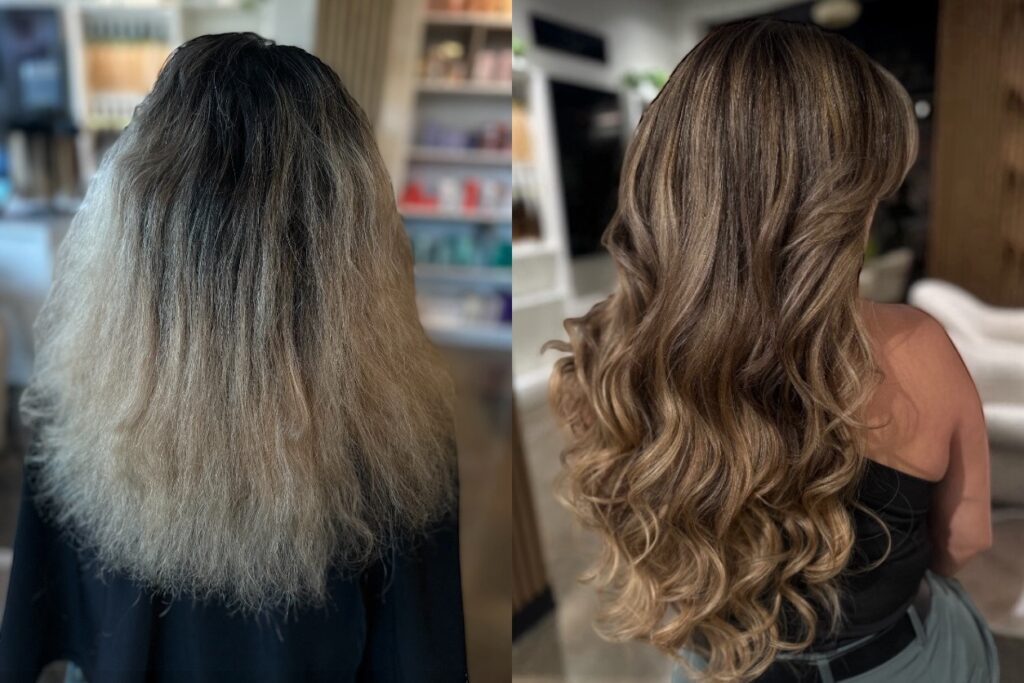 Split image showing before and after hair extensions and color correction, transforming damaged hair into long, wavy brunette locks.