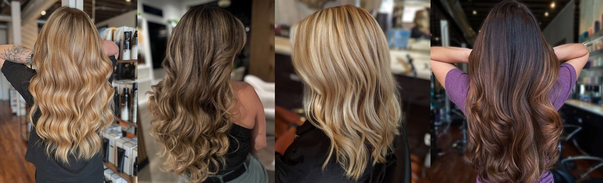 Four professional hair color results at Deseo Salon & BlowDry in Denver, warm blonde waves, brunette balayage, platinum highlights, and rich chocolate brown