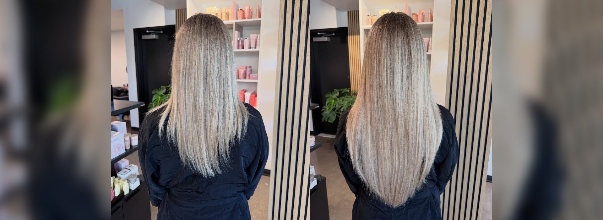 Before and after I-tip hair extensions on blonde hair at Deseo Salon & BlowDry in Denver