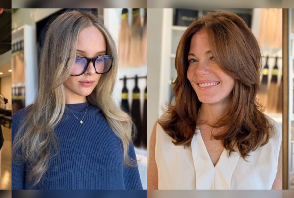 Four Deseo Salon & BlowDry clients in Denver: short crop, blonde balayage, copper layers with curtain bangs, long dimensional brunette hair.