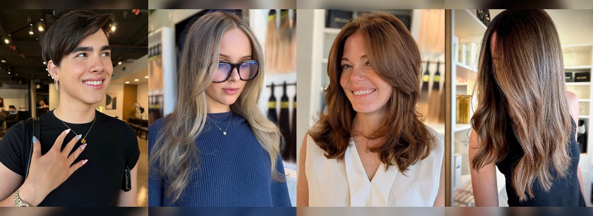 Four Deseo Salon & BlowDry clients in Denver: short crop, blonde balayage, copper layers with curtain bangs, long dimensional brunette hair.