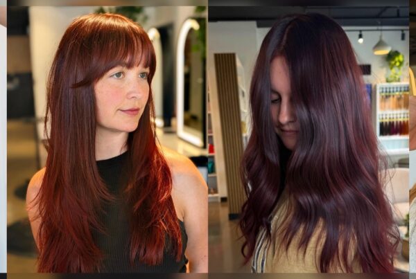 Fall 2026 hair colors at Deseo Salon & BlowDry in Denver: golden blonde balayage, copper red with bangs, black cherry, and cinnamon copper.