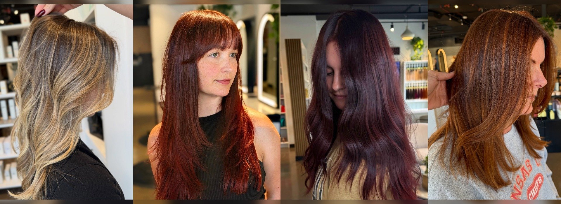 Fall hair colors 2026 in the salon: golden bronde blonde, copper red, black cherry, and caramel copper on four clients
