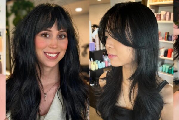 Four black hair colors on Deseo Salon & BlowDry clients in Denver: espresso brown, jet black with bangs, blue-black layers, soft black bob.