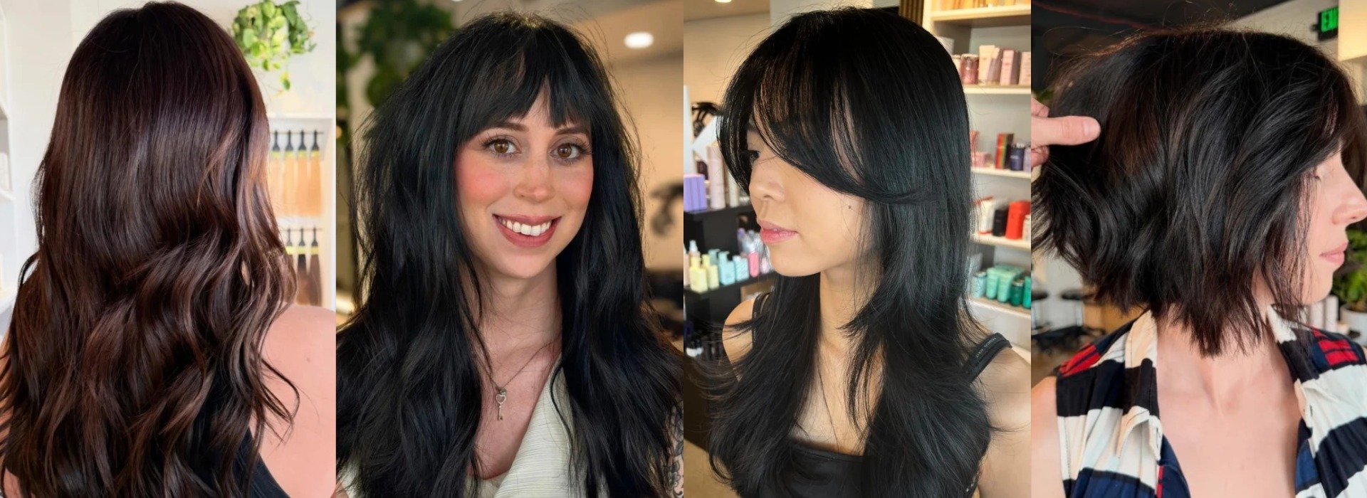 Four black hair colors on Deseo Salon & BlowDry clients in Denver: espresso brown, jet black with bangs, blue-black layers, soft black bob.